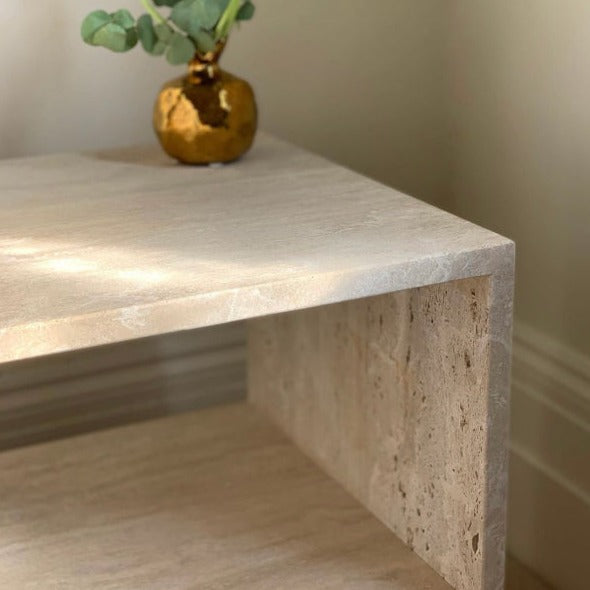 ARCO Side Table in Filled & Honed Romano Travertine
