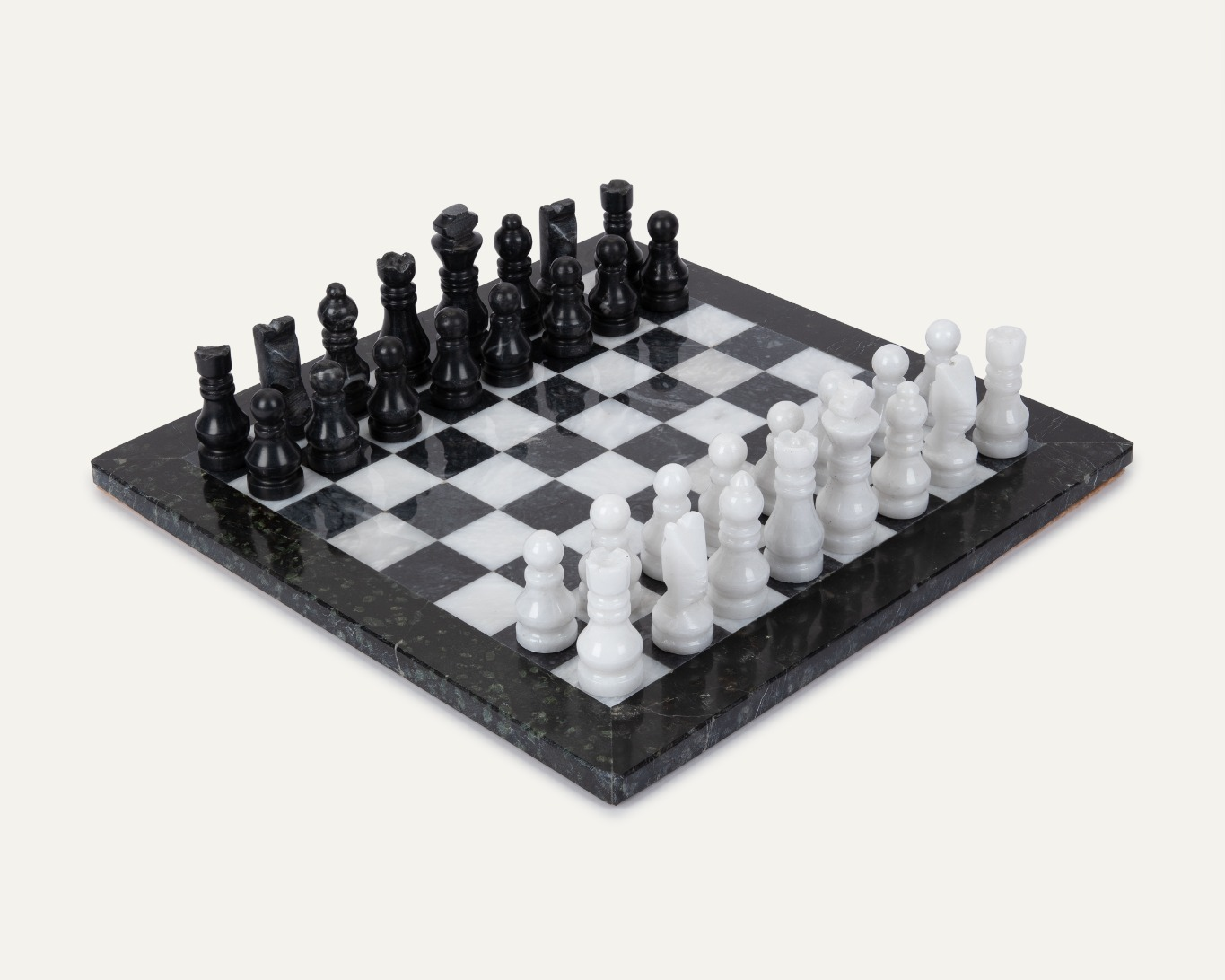 MARBLE & ONYX Chess Set - Monochrome with Dark Green Marble Border